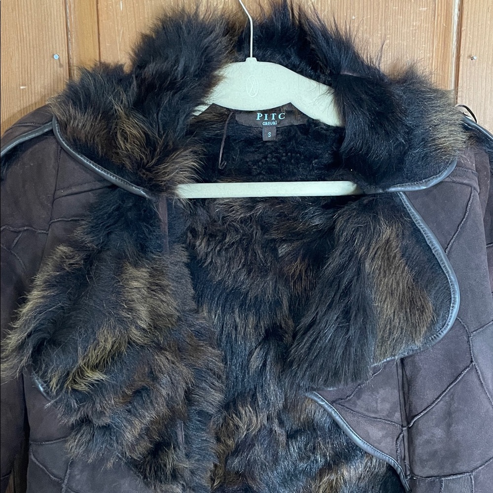 Pitc Brown Patchwork Suede Sheep Fur Leather Coat - image 2